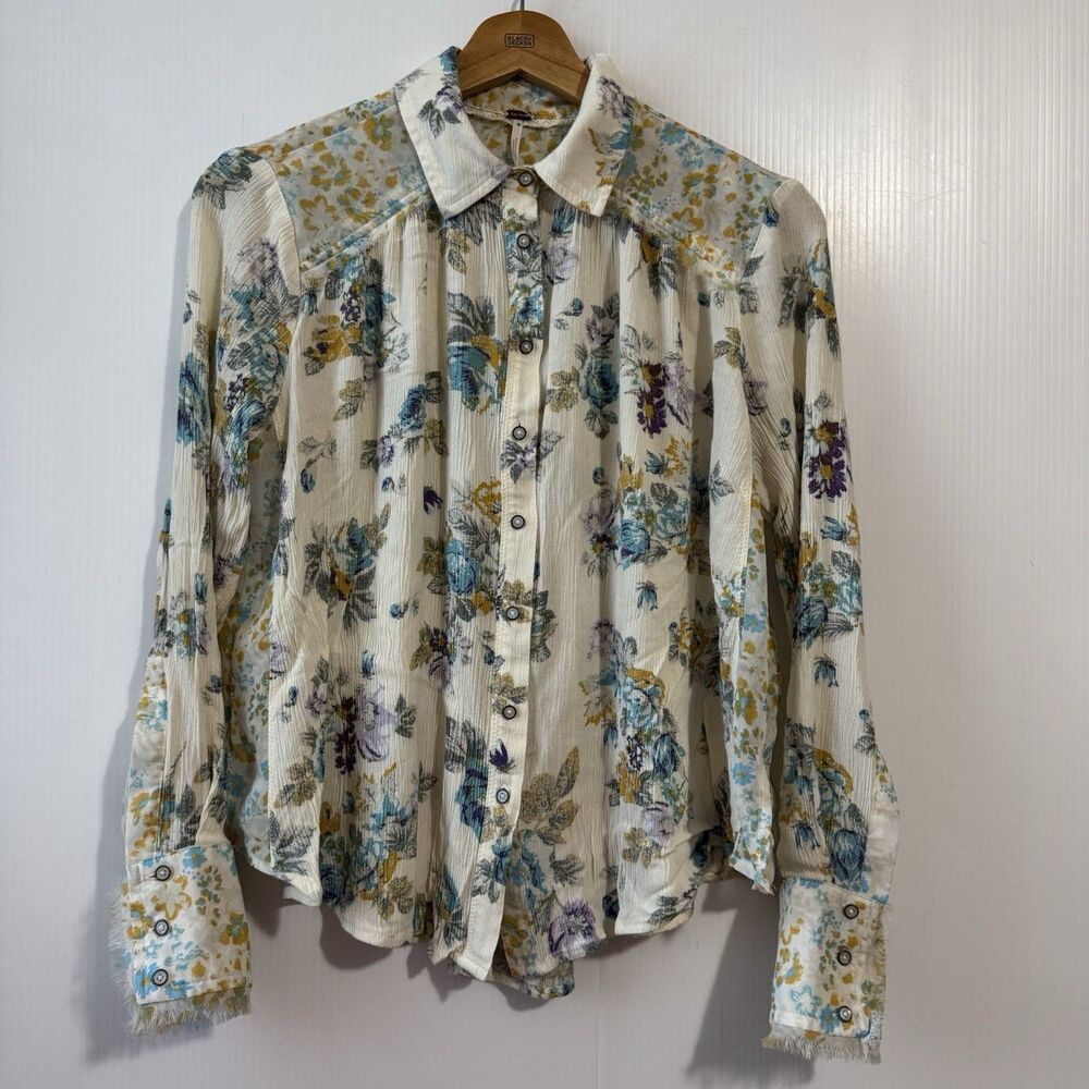 FREE PEOPLE Hold On to Me Contrast Floral Print Button Ivory Blouse Size XS